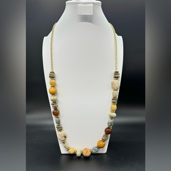 ND New Directions Long Gold Tone Necklace with Stone and Wooden Beads - Picture 2 of 11